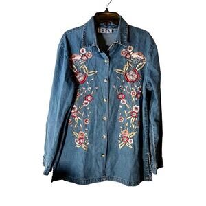 Vintage Floral Embroidered Cotton Country Denim Overshirt Button-Down Top, M